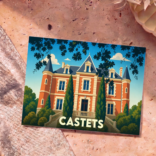 Carte postale souvenir de la ville de Castets arborant une illustration stylisée d'un château néo-renaissance.