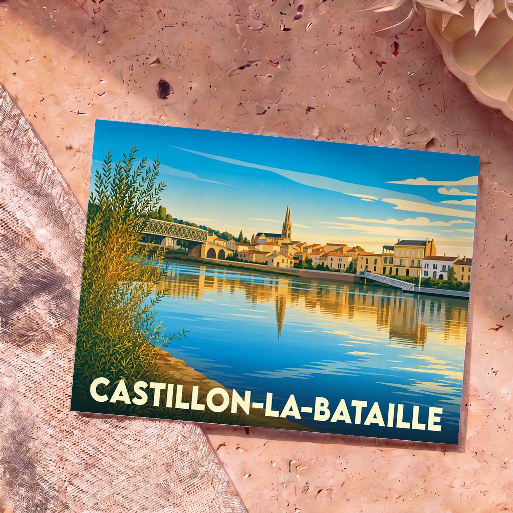 Carte postale souvenir de la ville de Castillon-la-Bataille avec une illustration stylisée des bords de la Dordogne.