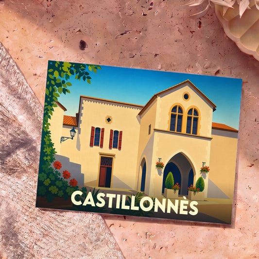Carte postale souvenir de la ville de Castillonnès avec une illustration stylisée d'un bâtiment historique sous un ciel bleu.