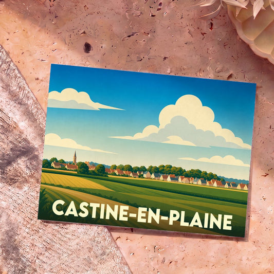 Carte postale souvenir de la ville de Castine-en-Plaine illustrant un paysage de campagne stylisé sous un ciel azur.