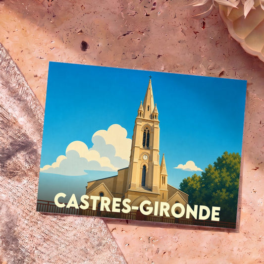 Carte postale souvenir de la ville de Castres-Gironde illustrant son église avec un style graphique épuré.