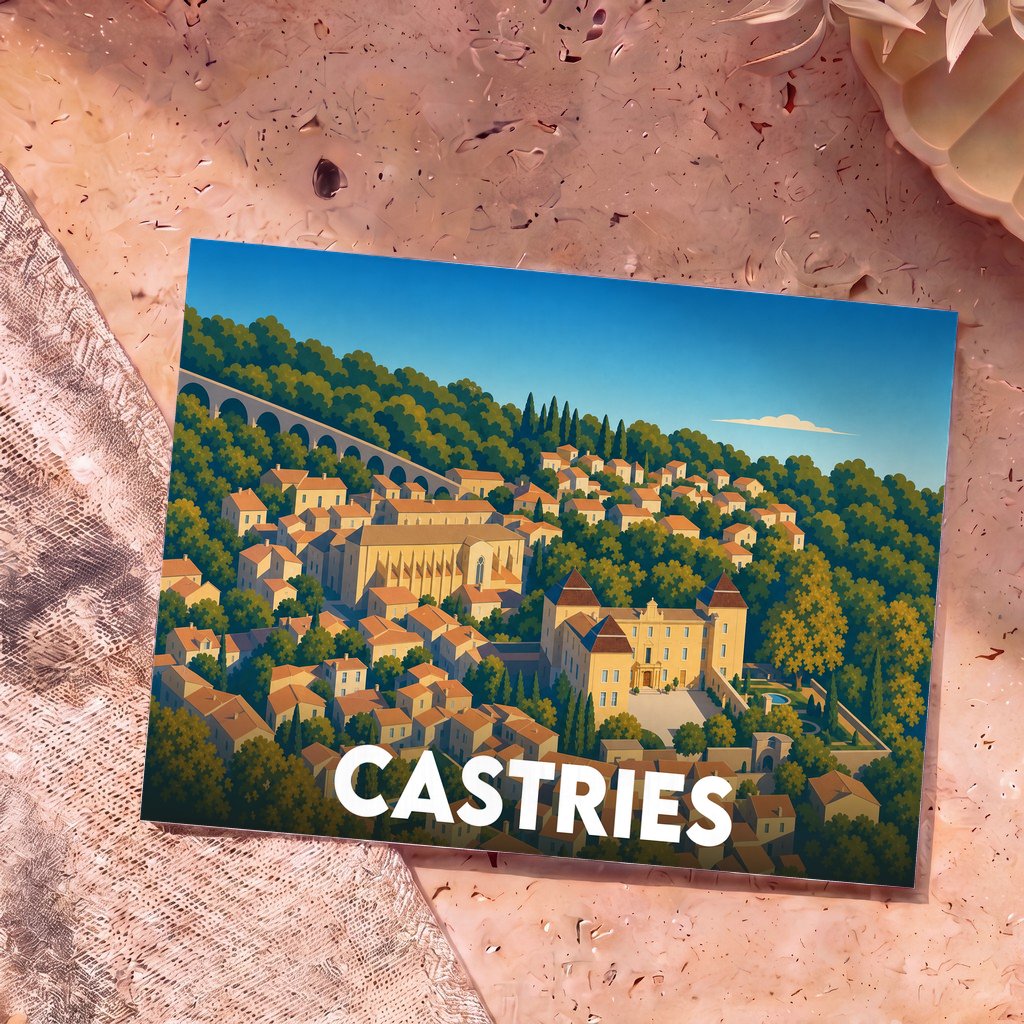 Carte postale souvenir de la ville de Castries avec une illustration stylisée montrant le château et l'aqueduc.