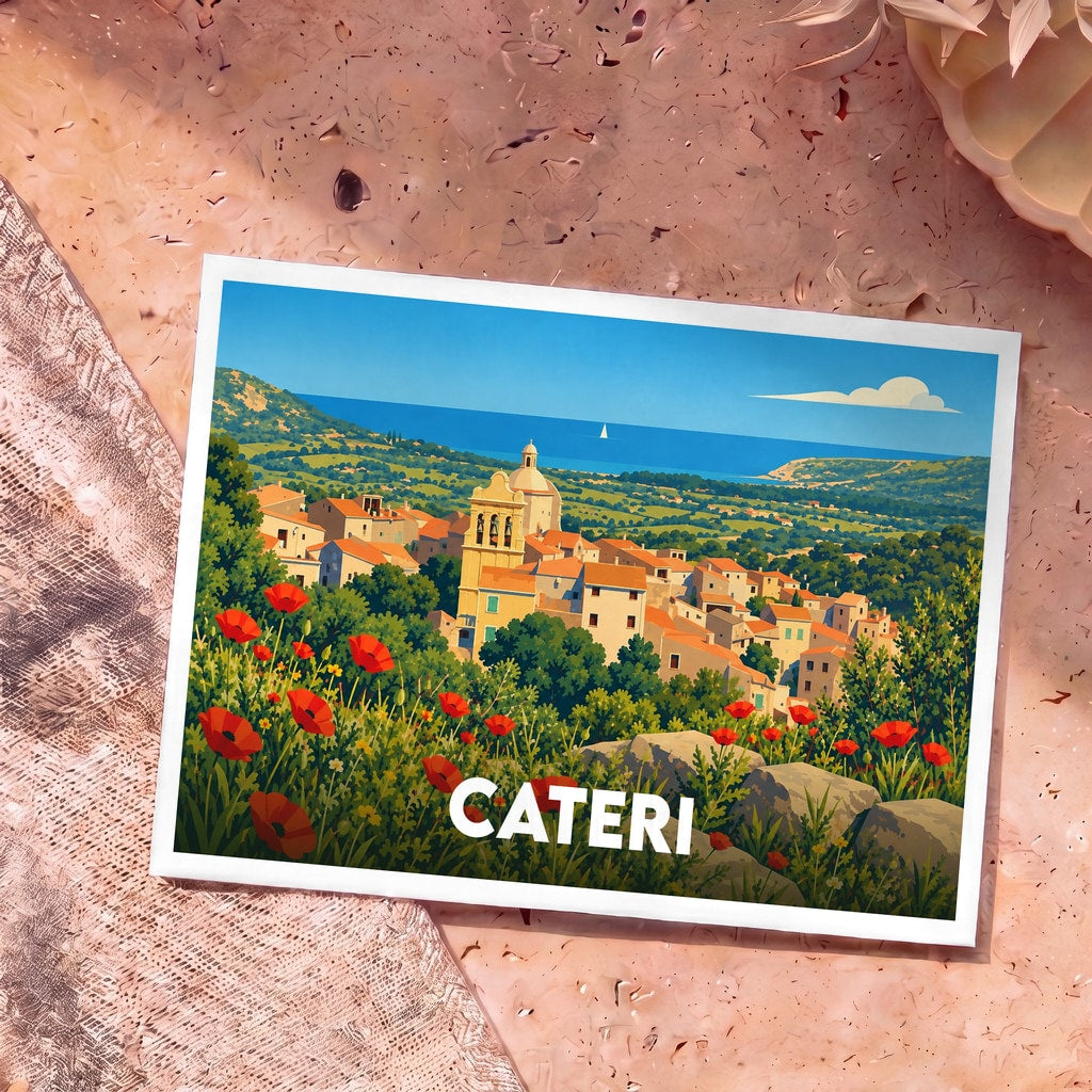Carte postale souvenir de la ville de Cateri avec une illustration stylisée.