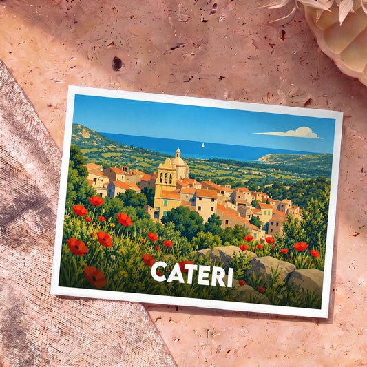 Carte postale souvenir de la ville de Cateri avec une illustration stylisée.