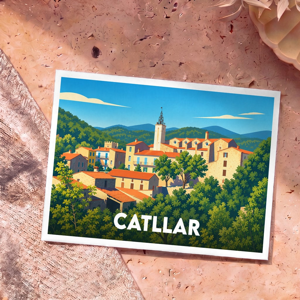 Carte postale souvenir de la ville de Catllar avec une illustration stylisée.