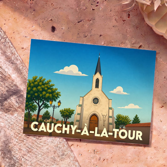 Carte postale souvenir de la ville de Cauchy-à-la-Tour avec une illustration stylisée de son église.