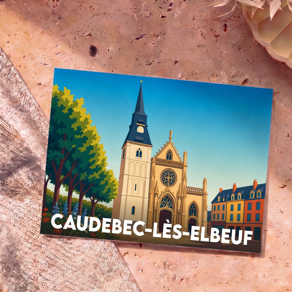 Carte postale souvenir de la ville de Caudebec-lès-Elbeuf illustrant son église et des maisons colorées dans un style graphique épuré.