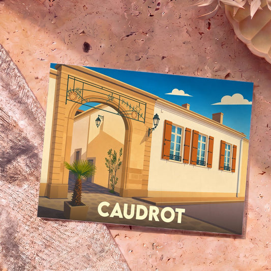 Carte postale souvenir de la ville de Caudrot avec une illustration stylisée d'un bâtiment typique.
