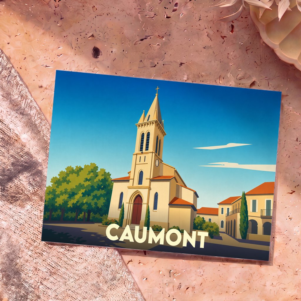 Carte postale souvenir de la ville de Caumont illustrant son église dans un style graphique épuré.