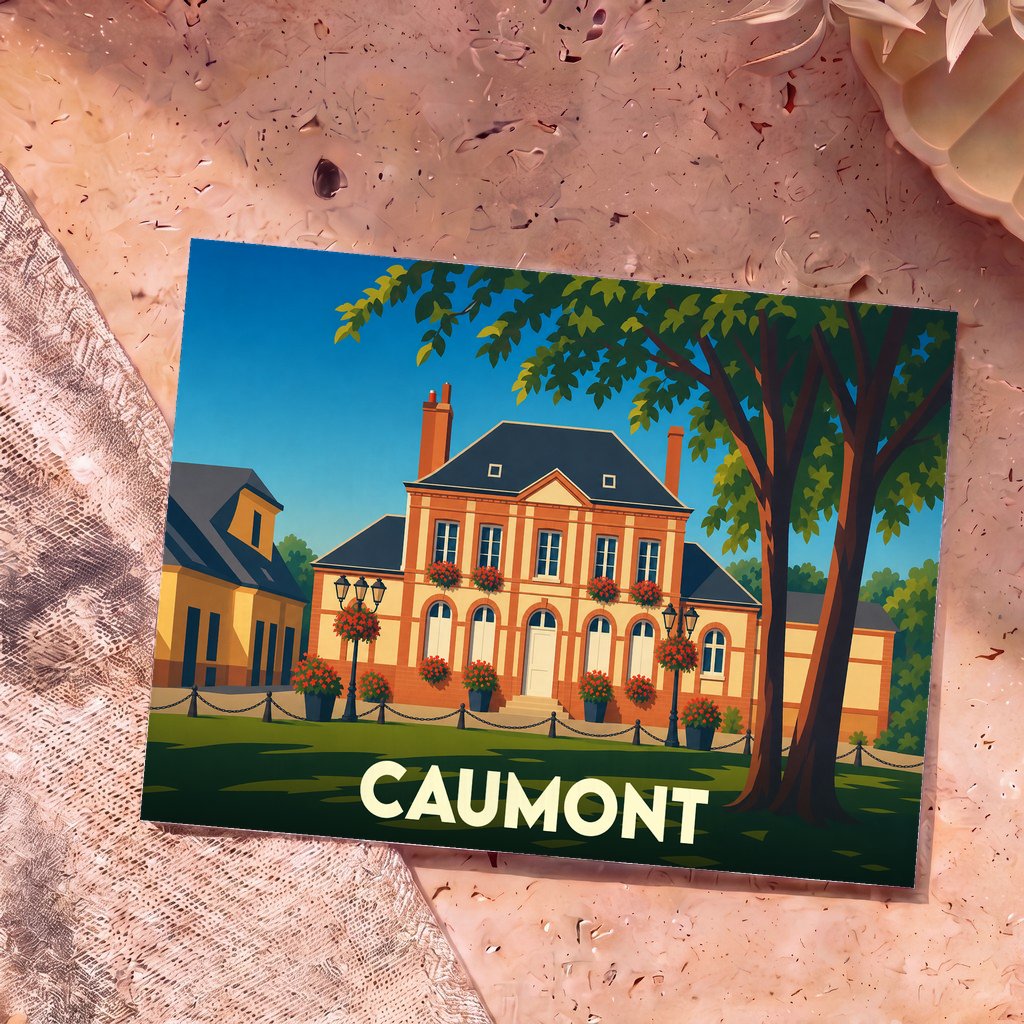Carte postale souvenir de la ville de Caumont avec une illustration colorée et stylisée d'un manoir.
