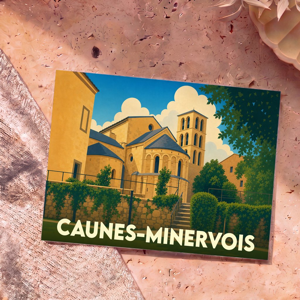 Carte postale souvenir de la ville de Caunes-Minervois illustrant l'abbaye avec un style graphique épuré.