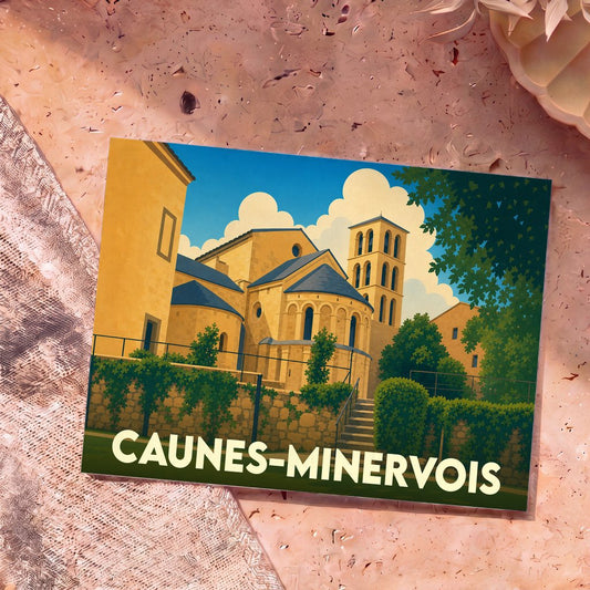 Carte postale souvenir de la ville de Caunes-Minervois illustrant l'abbaye avec un style graphique épuré.