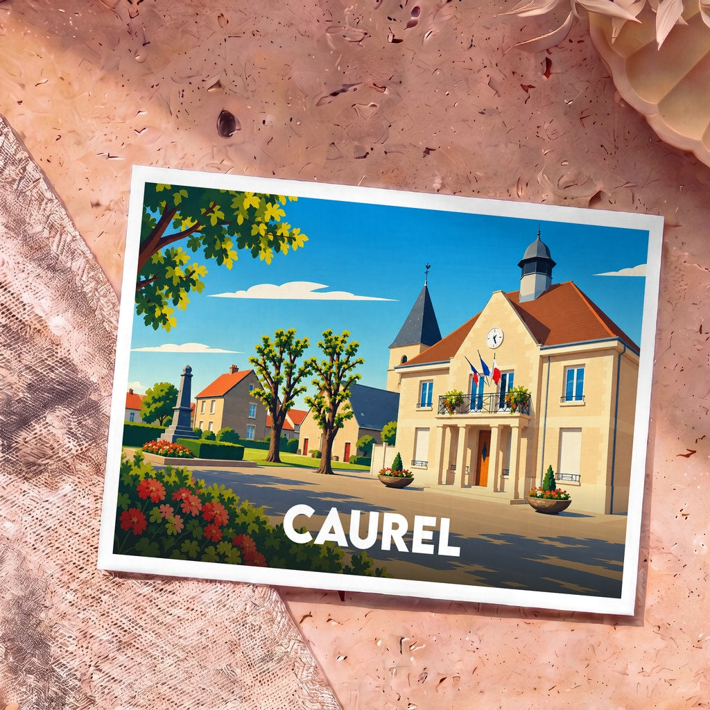 Carte postale souvenir de la ville de Caurel avec une illustration colorée de sa mairie et de son église.