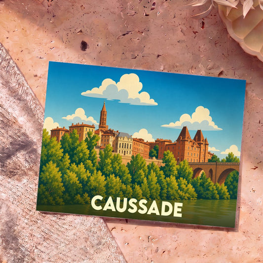 Carte postale souvenir de la ville de Caussade illustrée par un paysage urbain stylisé au bord de l'eau.