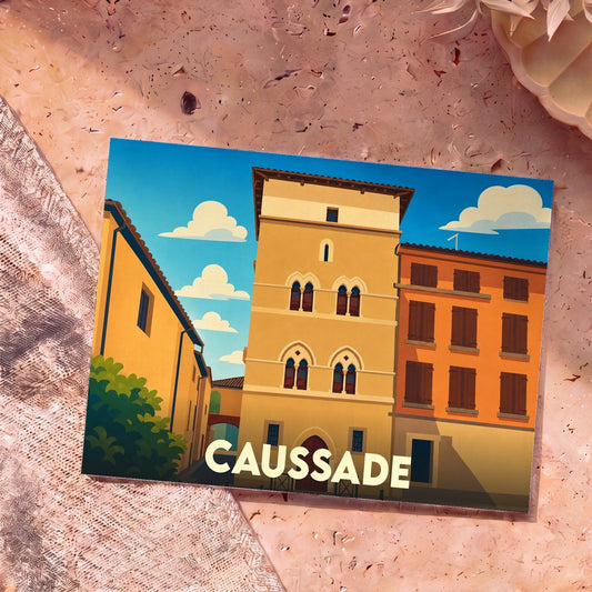 Carte postale souvenir de la ville de Caussade avec une illustration stylisée montrant la Tour d'Arlane sous un ciel bleu.