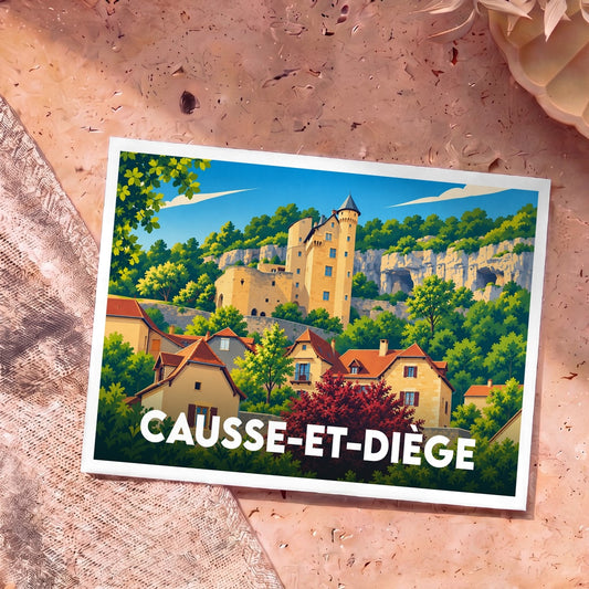 Carte postale souvenir de la ville de Causse-et-Diège avec une illustration stylisée.