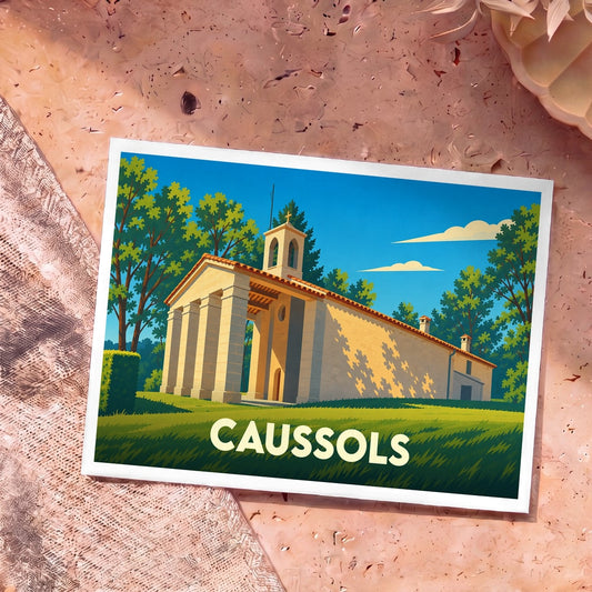 Carte postale souvenir de la ville de Caussols avec une illustration stylisée de son église sous un ciel bleu.