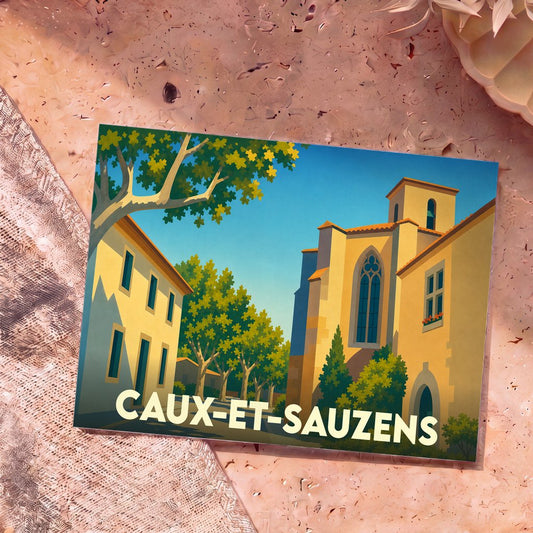 Carte postale souvenir de la ville de Caux-et-Sauzens avec une illustration stylisée.