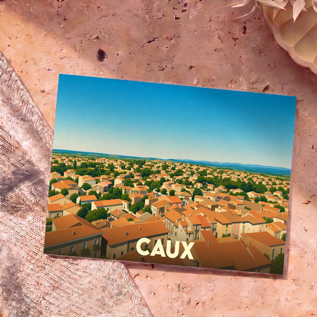 Carte postale souvenir de la ville de Caux avec une illustration stylisée vue du ciel.