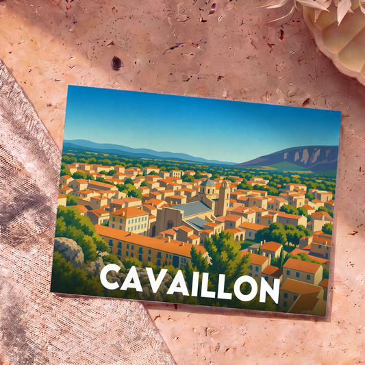 Carte postale souvenir de la ville de Cavaillon avec une illustration stylisée et colorée de ses toits.