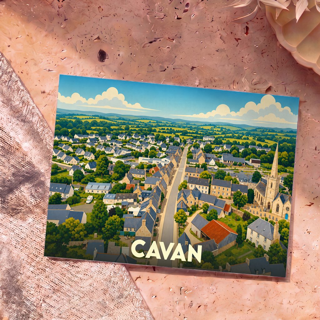 Carte postale souvenir de la ville de Cavan avec une illustration stylisée d'un paysage urbain verdoyant.