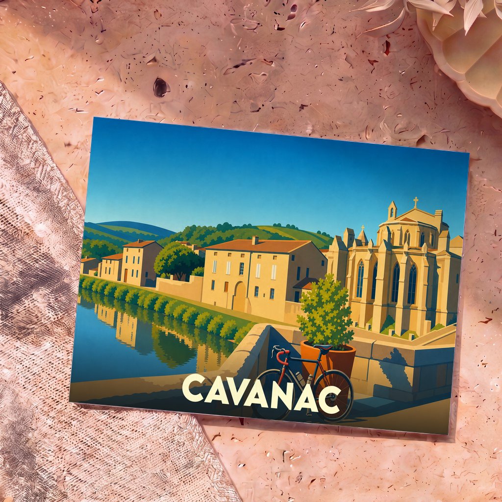 Carte postale souvenir de la ville de Cavanac avec une illustration stylisée d'un paysage fluvial et de son architecture.