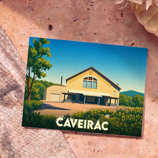 Carte postale souvenir de la ville de Caveirac avec une illustration stylisée et colorée de ses paysages.