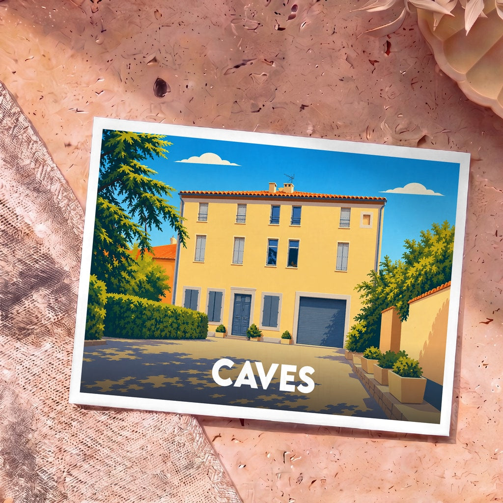 Carte postale souvenir de la ville de Caves avec une illustration stylisée d'une maison ensoleillée.