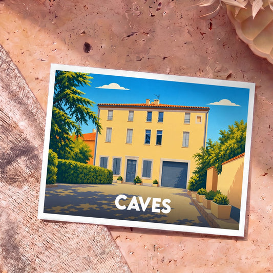 Carte postale souvenir de la ville de Caves avec une illustration stylisée d'une maison ensoleillée.