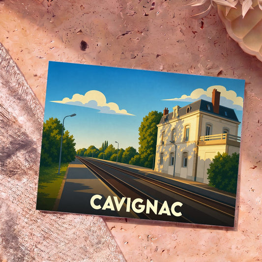 Carte postale souvenir de la ville de Cavignac avec une illustration stylisée de sa gare ferroviaire.