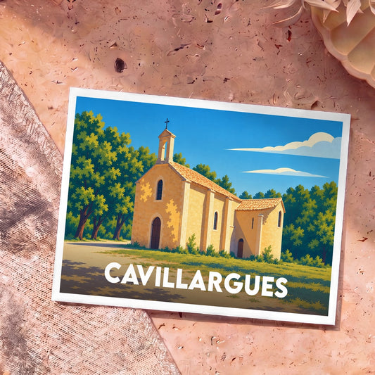 Carte postale souvenir de la ville de Cavillargues avec une illustration stylisée d'une petite église provençale sous un ciel bleu.