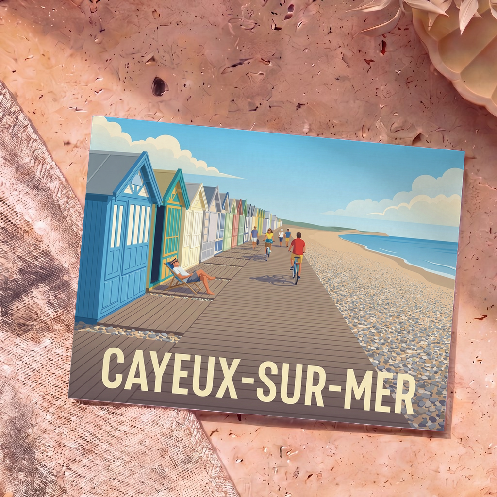 Carte postale souvenir de la ville de Cayeux-sur-Mer avec une illustration stylisée de ses cabines de plage et de son chemin de planches.