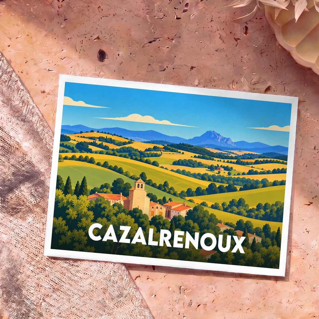 Carte postale souvenir de la ville de Cazalrenoux illustrant un paysage vallonné et ensoleillé de campagne.
