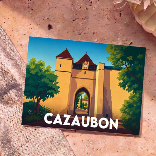 Carte postale souvenir de la ville de Cazaubon avec une illustration stylisée de sa porte médiévale.