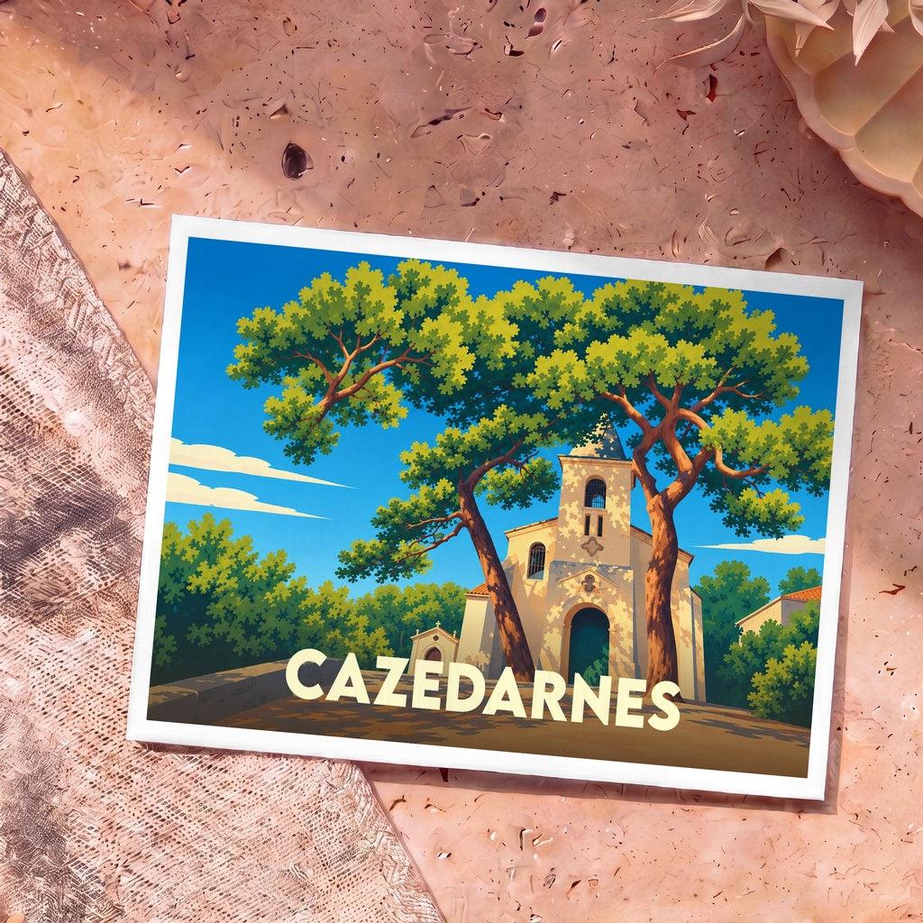 Carte postale souvenir de la ville de Cazedarnes avec une illustration stylisée d'une église sous des pins.
