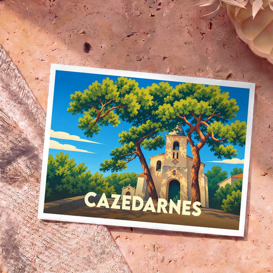 Carte postale souvenir de la ville de Cazedarnes avec une illustration stylisée d'une église sous des pins.