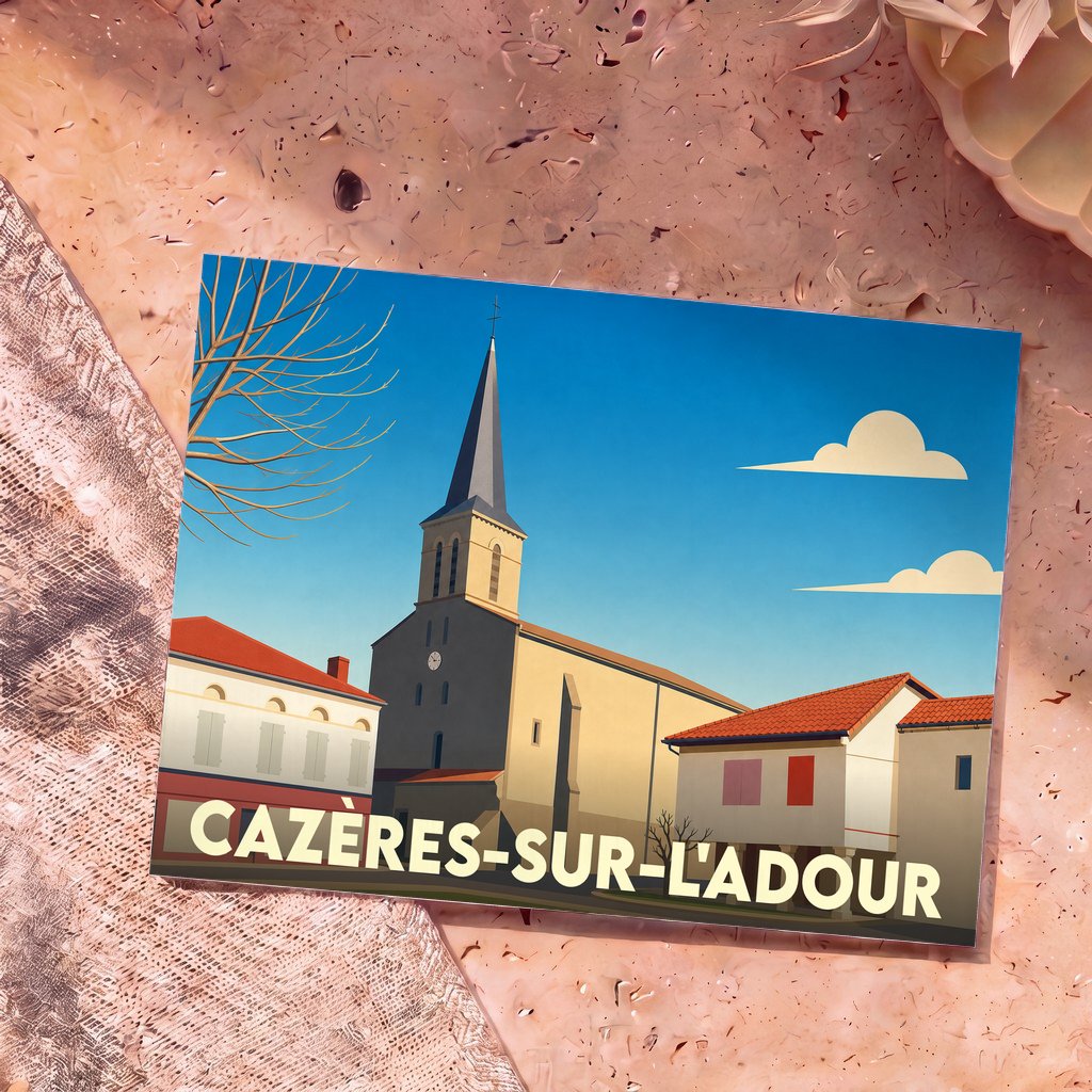 Carte postale souvenir de la ville de Cazères-sur-l'Adour avec une illustration stylisée de son église et de ses maisons landaises.