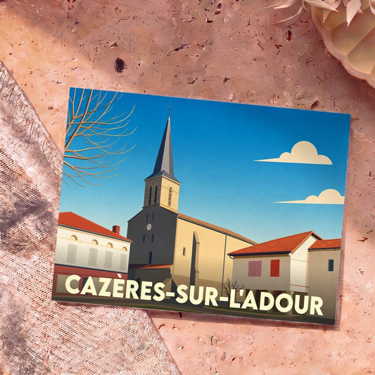 Carte postale souvenir de la ville de Cazères-sur-l'Adour avec une illustration stylisée de son église et de ses maisons landaises.