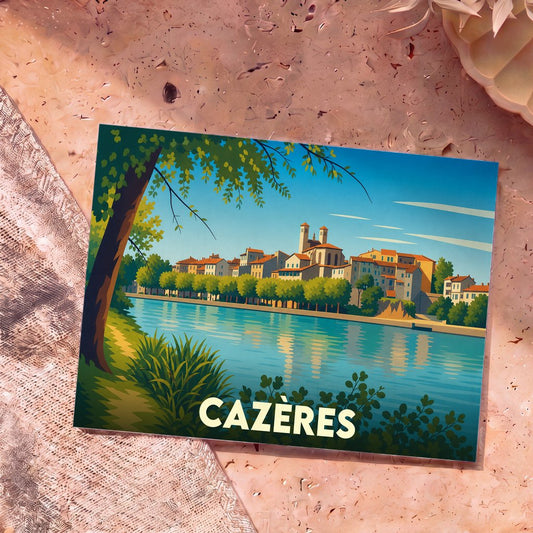 Carte postale souvenir de la ville de Cazères avec une illustration stylisée des bords de Garonne.