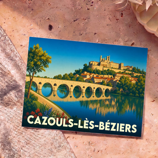 Carte postale souvenir de la ville de Cazouls-lès-Béziers arborant une illustration stylisée de son patrimoine.