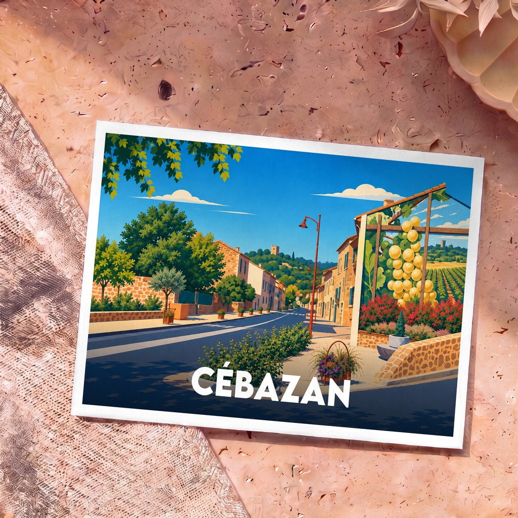 Carte postale souvenir de la ville de Cébazan avec une illustration stylisée et colorée de ses rues et vignobles.