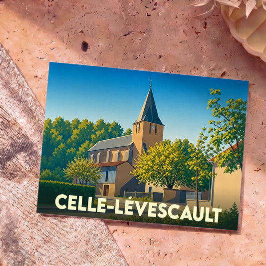 Carte postale souvenir de la ville de Celle-Lévescault avec une illustration stylisée de son église.