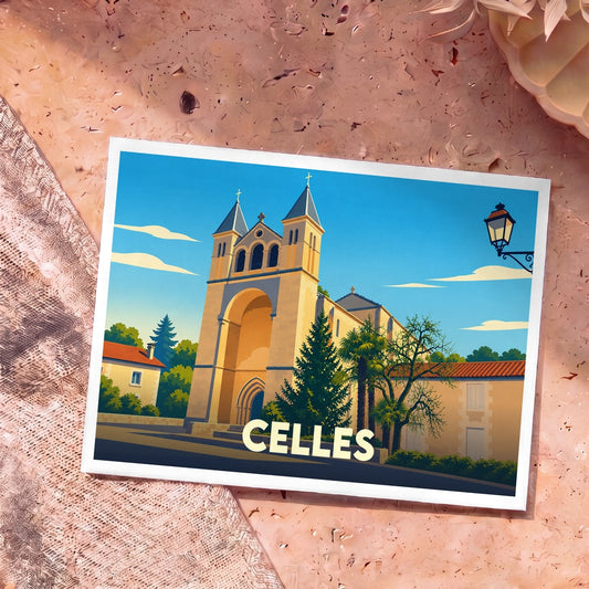 Carte postale souvenir de la ville de Celles avec une illustration stylisée de son église et de ses paysages.