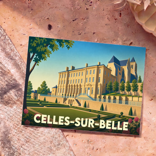 Carte postale souvenir de la ville de Celles-sur-Belle avec une illustration stylisée de son abbaye et de ses jardins.
