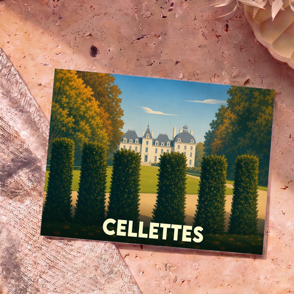 Carte postale souvenir de la ville de Cellettes avec une illustration stylisée de château et de jardins.