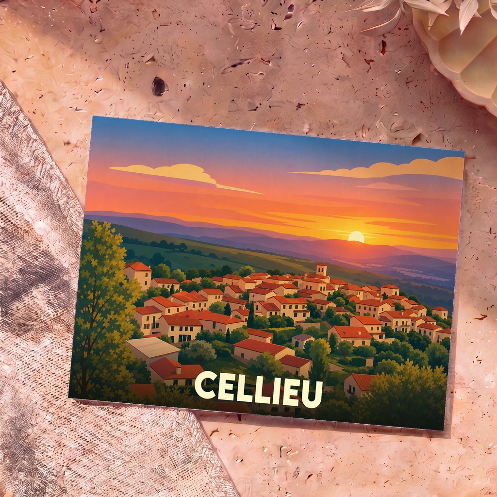 Carte postale souvenir de la ville de Cellieu avec une illustration stylisée d'un village au coucher du soleil.