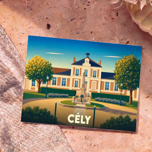 Carte postale souvenir de la ville de Cély avec une illustration stylisée de sa mairie et de son monument aux morts.