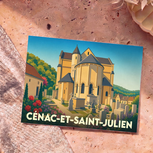 Carte postale souvenir de la ville de Cénac-et-Saint-Julien avec une illustration stylisée de son église et de son cimetière.