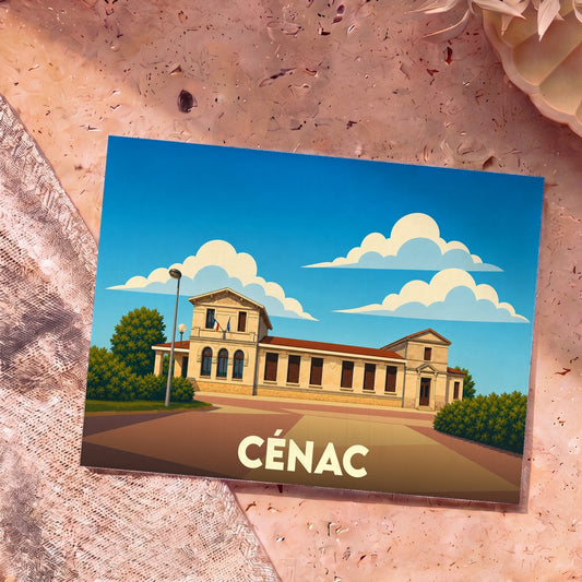 Carte postale souvenir de la ville de Cénac avec une illustration stylisée de sa mairie.