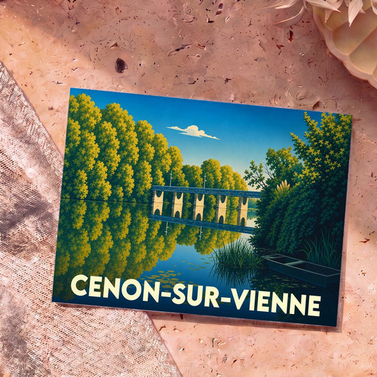 Carte postale souvenir de la ville de Cenon-sur-Vienne avec une illustration stylisée d'un pont se reflétant dans l'eau.